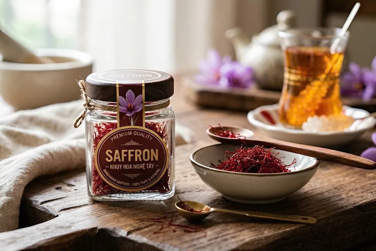 Saffron in bowls on wooden table